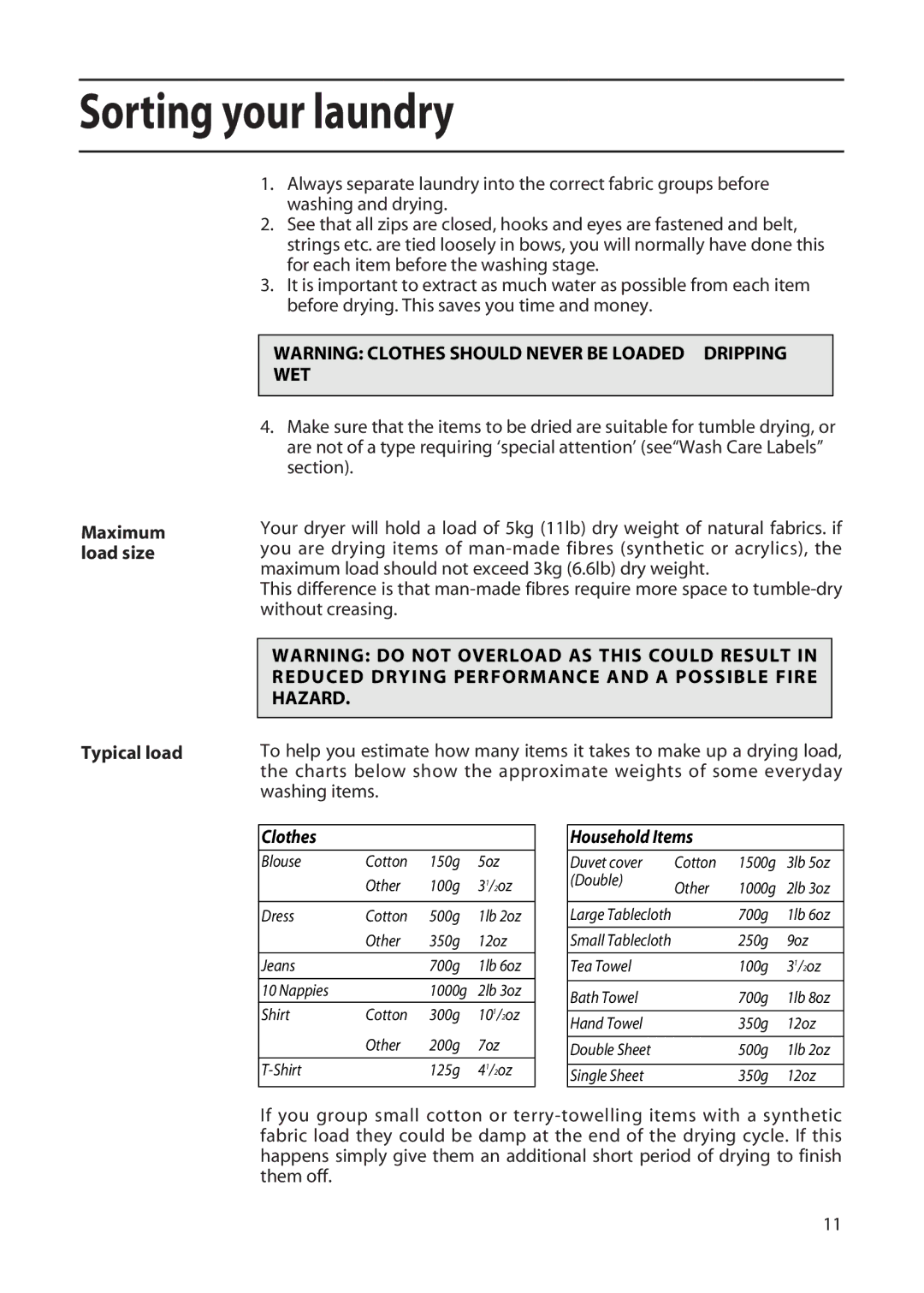 Hotpoint TFA34 manual Sorting your laundry, Maximum load size Typical load 