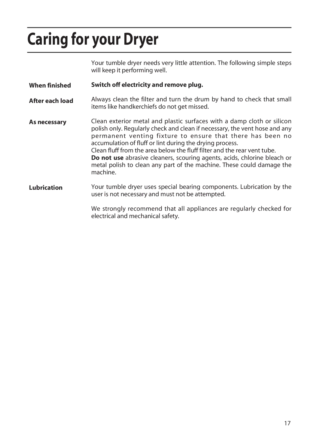 Hotpoint TFA34 manual Caring for your Dryer, When finished After each load As necessary Lubrication 