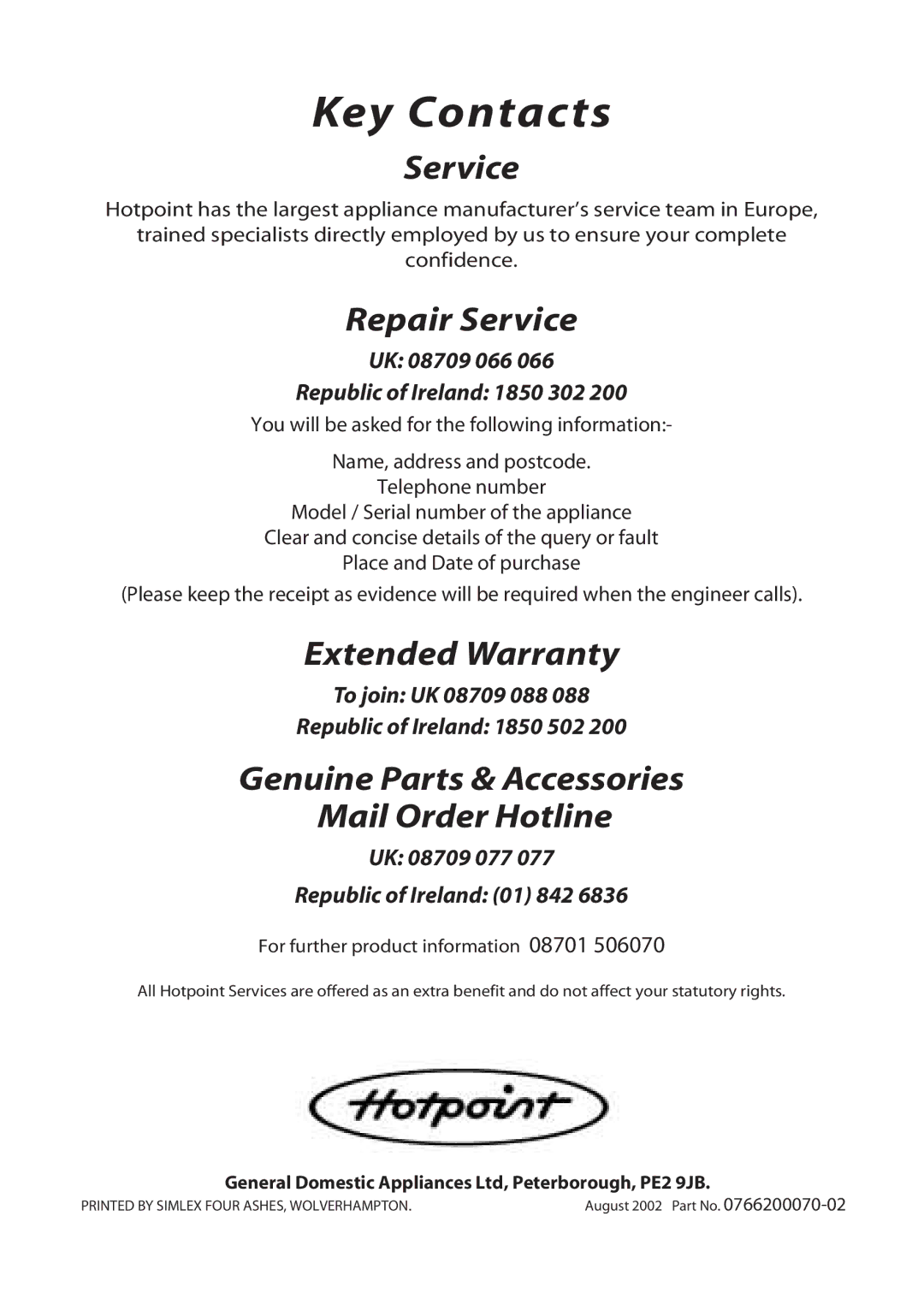 Hotpoint TFA34 manual Key Contacts 