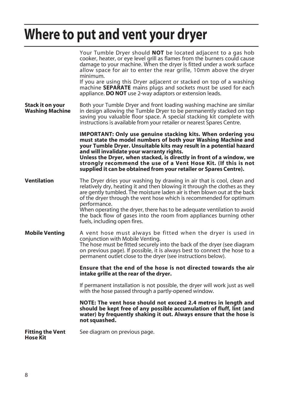 Hotpoint TFA34 manual Where to put and vent your dryer 