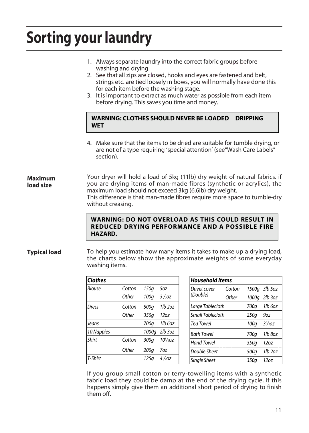 Hotpoint TFA53 manual Sorting your laundry, Maximum load size Typical load 