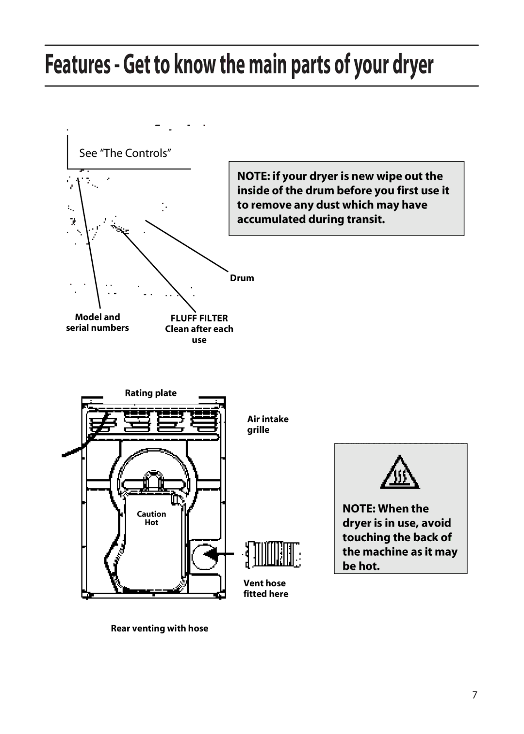 Hotpoint TFA53 manual Features Get to know the main parts of your dryer 