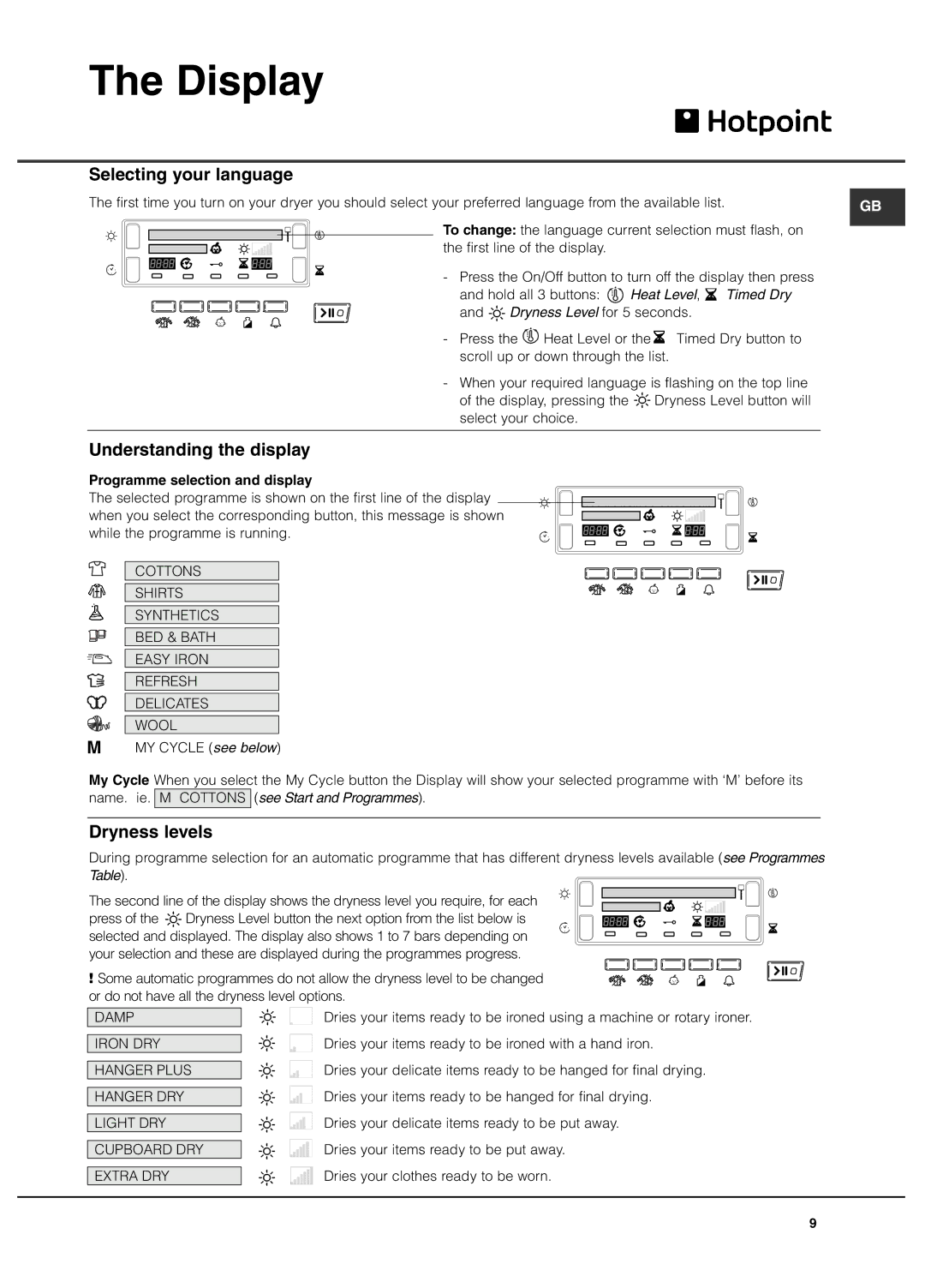 Hotpoint THDP 871 manual Display, Selecting your language, Understanding the display, Dryness levels 