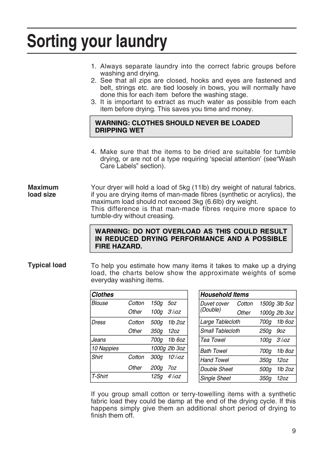 Hotpoint TL64 manual Sorting your laundry, Maximum load size Typical load 