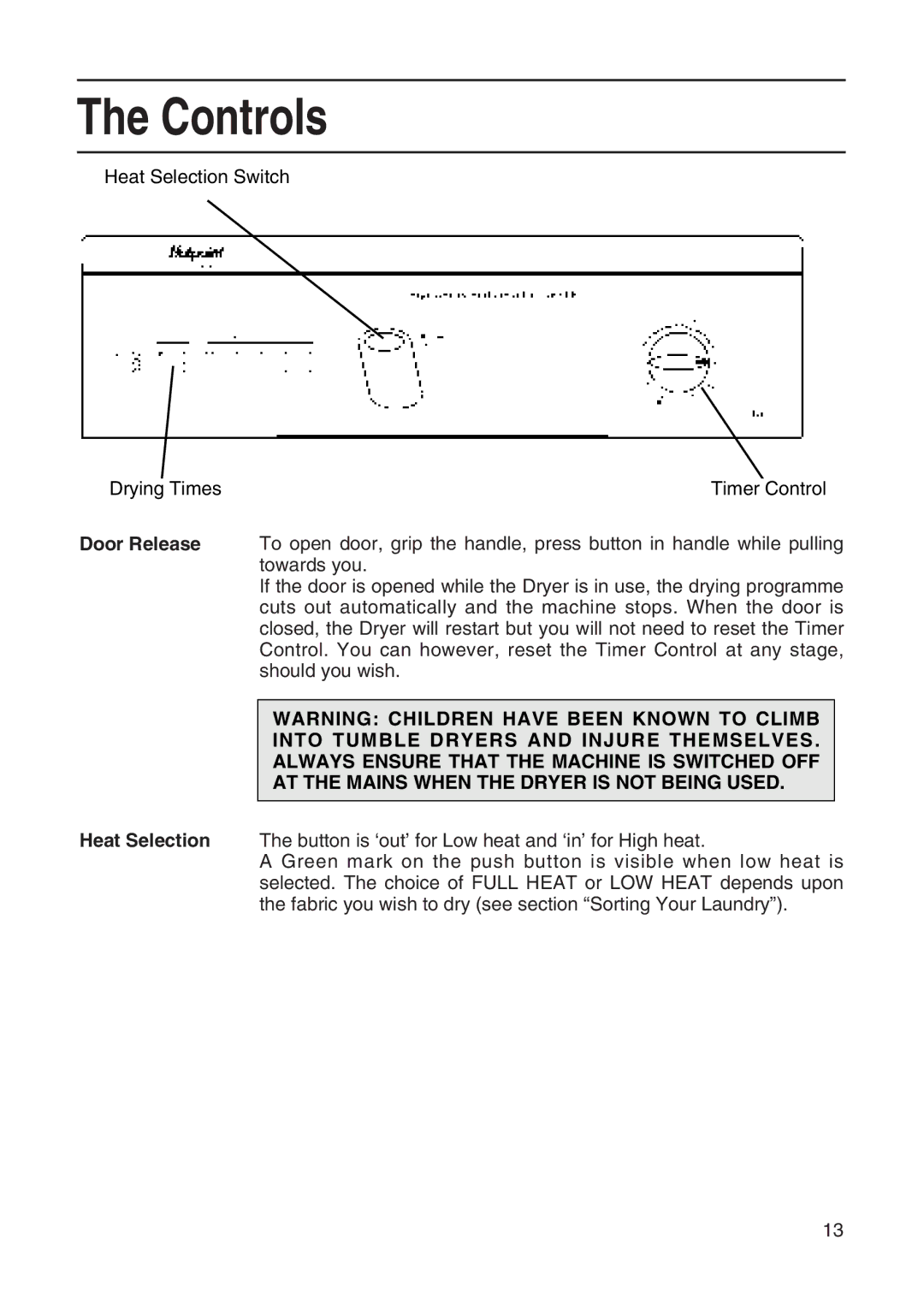 Hotpoint TL64 manual Controls 