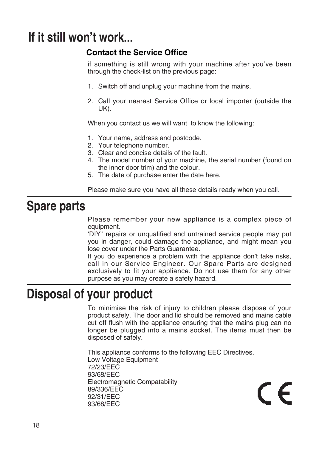 Hotpoint TL64 manual If it still won’t work, Spare parts, Disposal of your product 