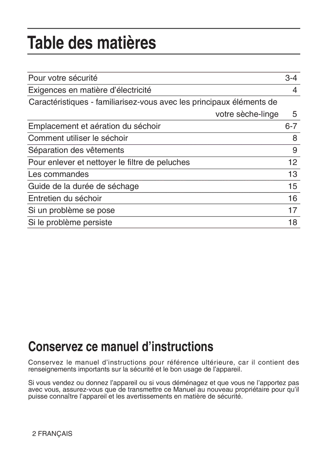 Hotpoint TL64 manual Table des matières, Conservez ce manuel d’instructions 