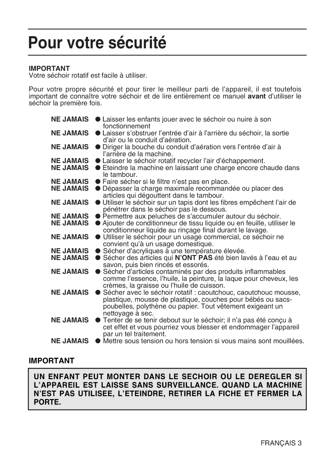 Hotpoint TL64 manual Pour votre sécurité 