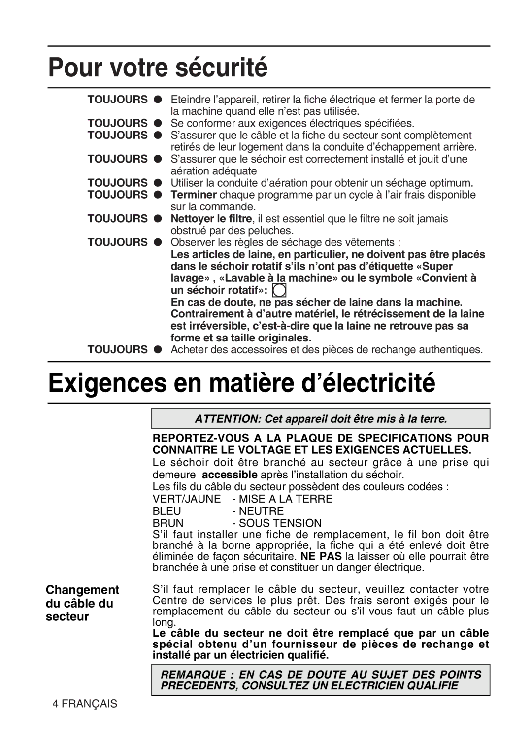 Hotpoint TL64 manual Exigences en matière d’électricité, Aération adéquate 