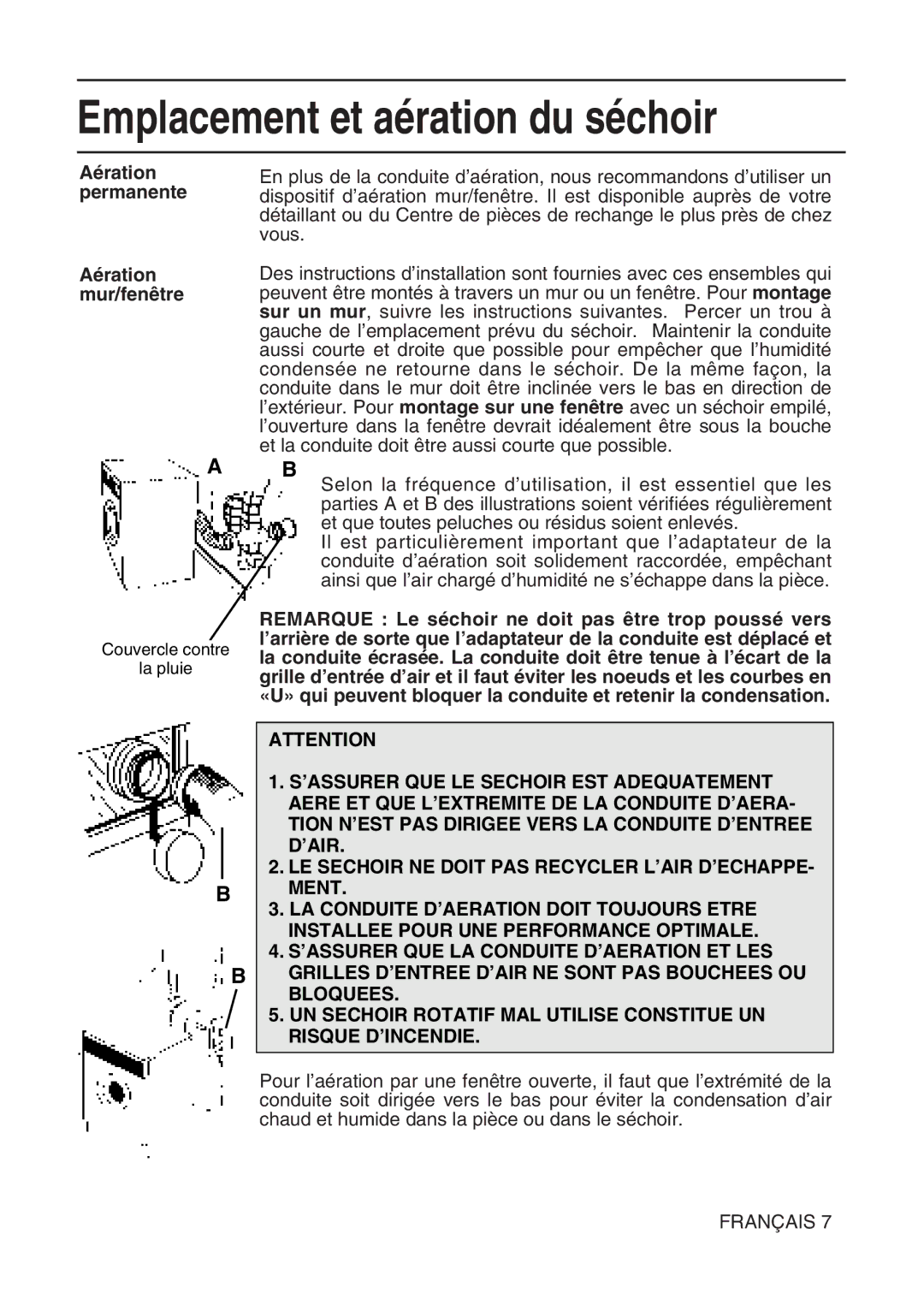 Hotpoint TL64 manual Aération permanente Mur/fenêtre 