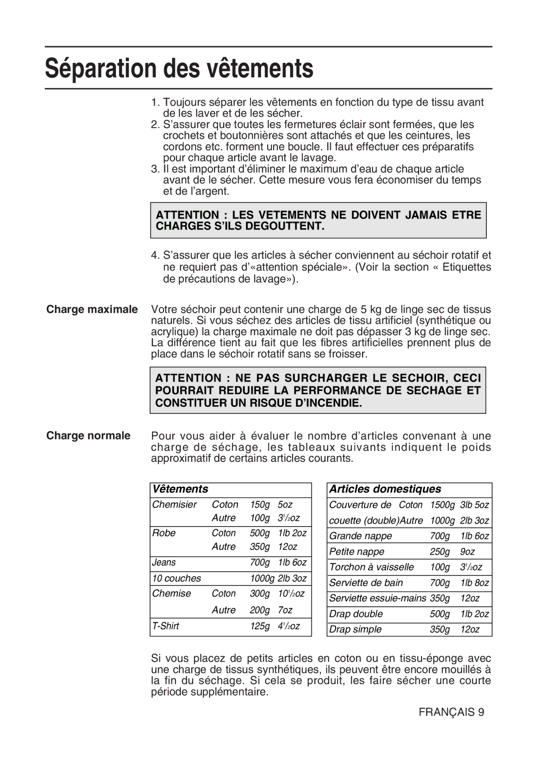 Hotpoint TL64 manual Séparation des vêtements, Charges S’ILS Degouttent 