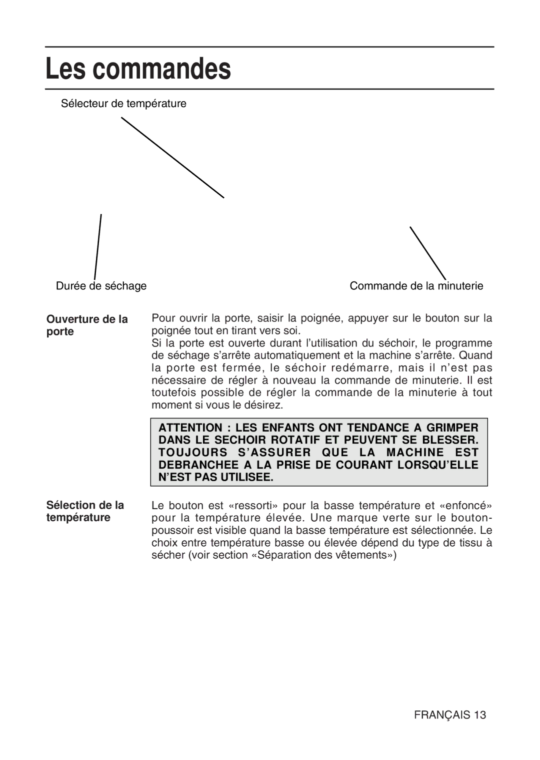 Hotpoint TL64 manual Les commandes 