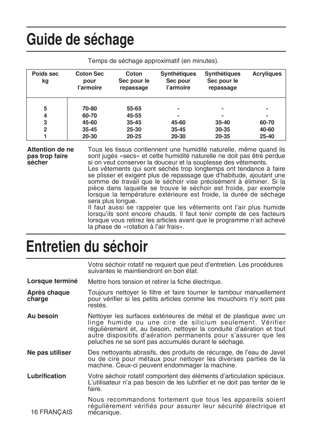 Hotpoint TL64 manual Guide de séchage, Entretien du séchoir 