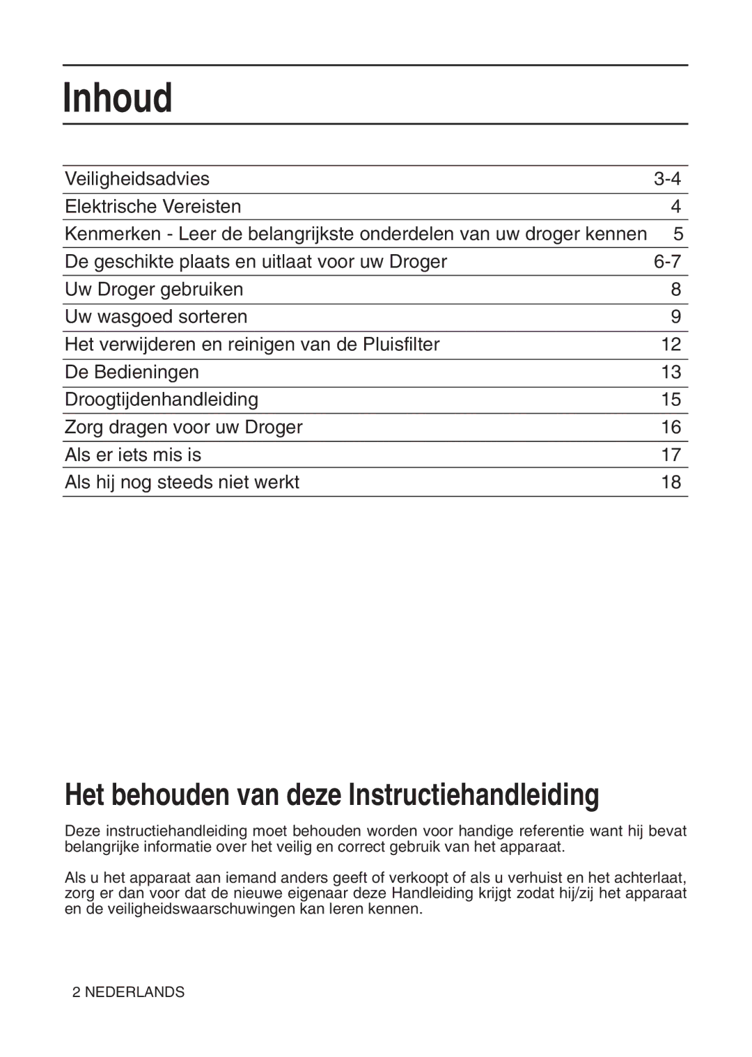 Hotpoint TL64 manual Inhoud, Het behouden van deze Instructiehandleiding 