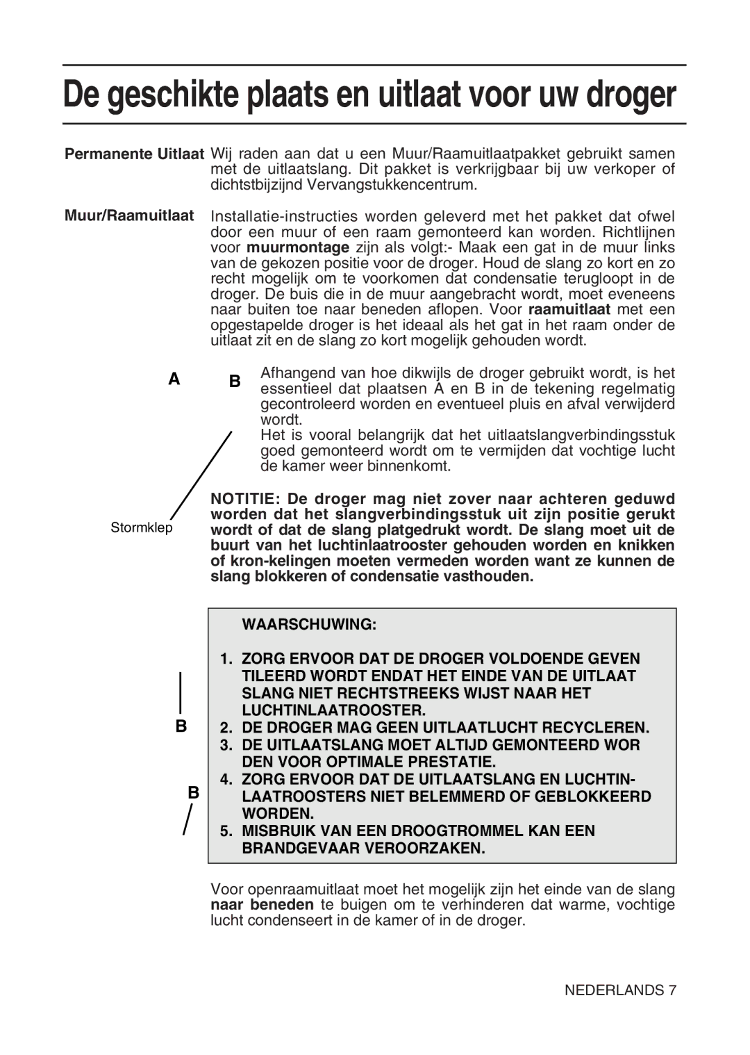 Hotpoint TL64 manual Permanente Uitlaat Muur/Raamuitlaat 