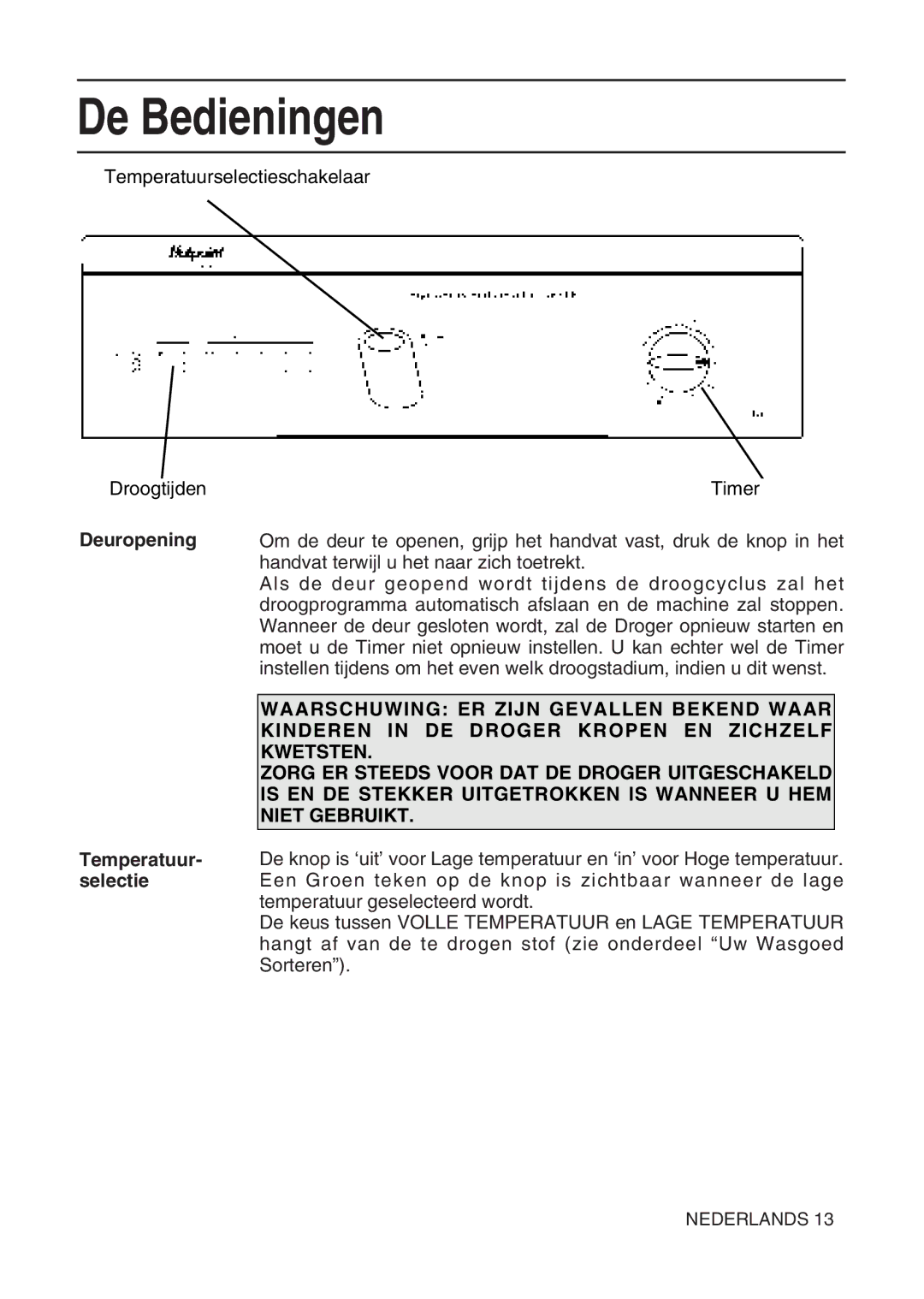 Hotpoint TL64 manual De Bedieningen, Deuropening Temperatuur- selectie 