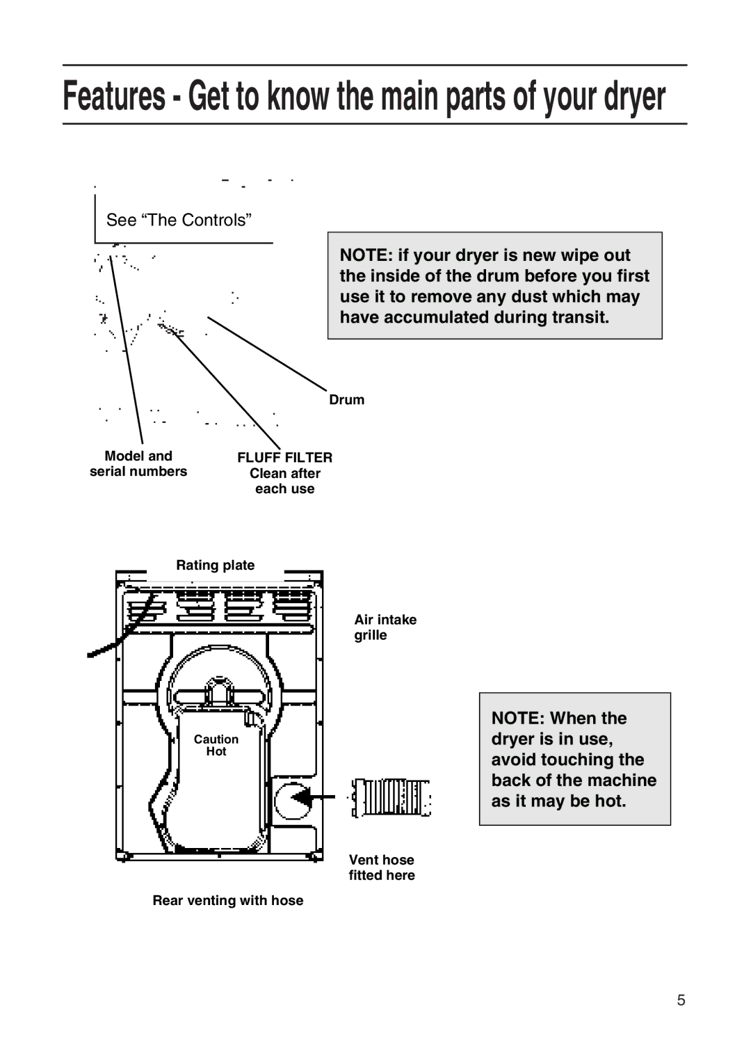 Hotpoint TL64 manual Features Get to know the main parts of your dryer 