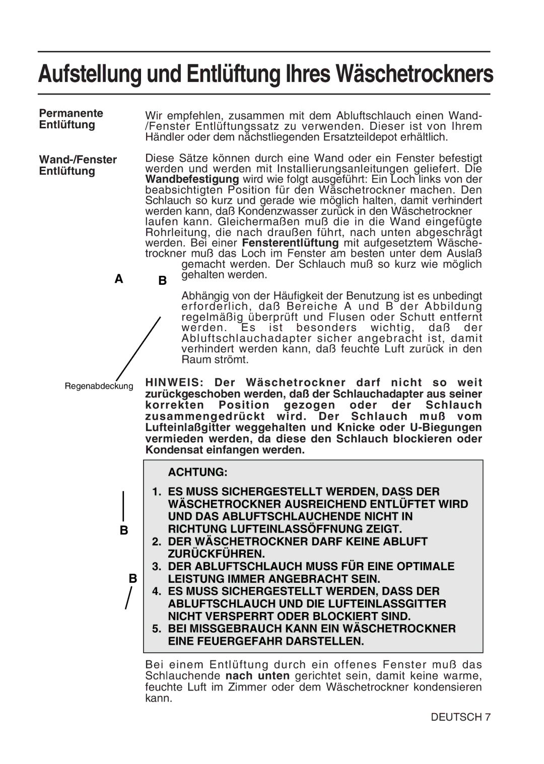 Hotpoint TL64 manual Permanente Entlüftung Wand-/Fenster Entlüftung 