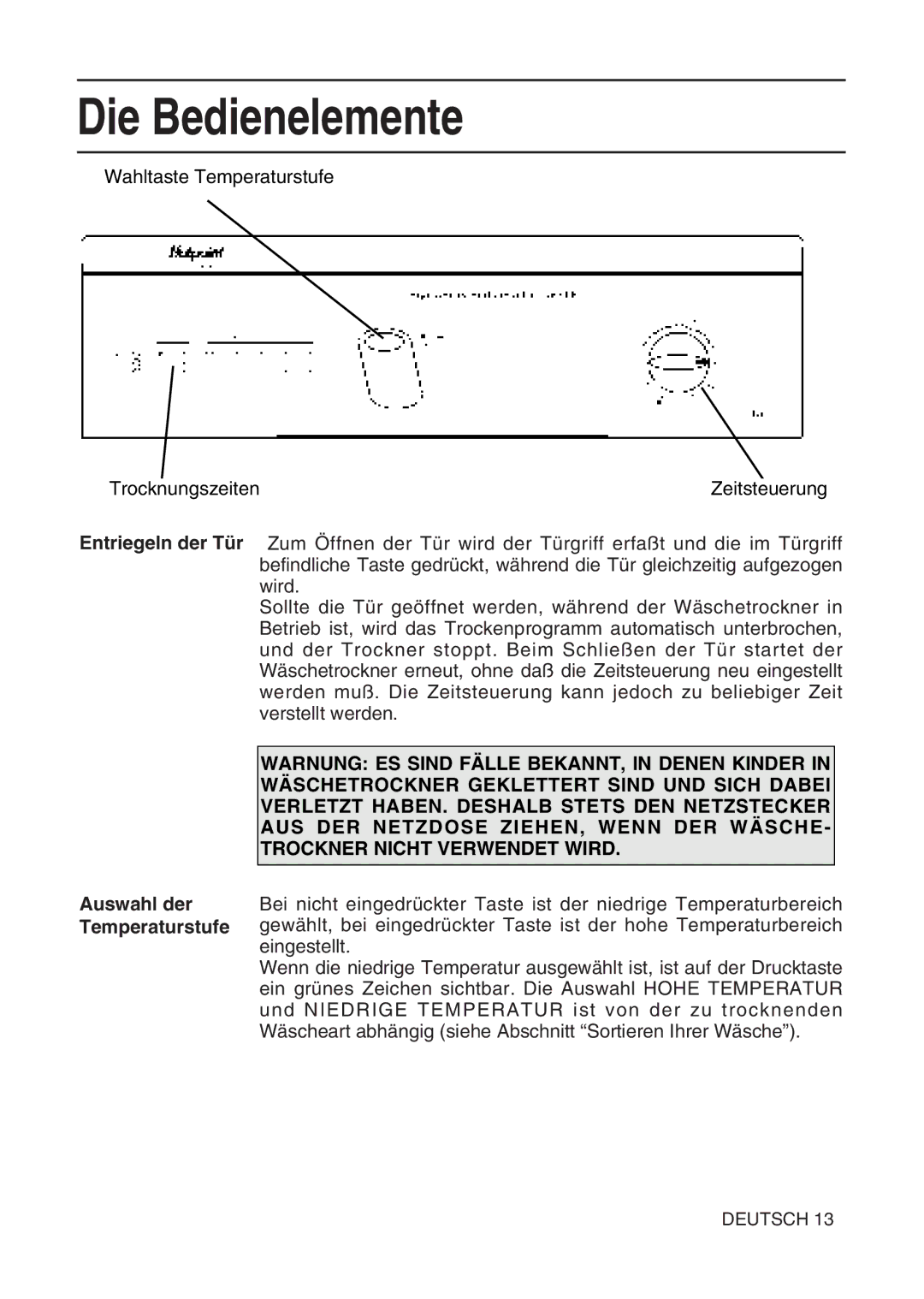 Hotpoint TL64 manual Die Bedienelemente, Entriegeln der Tür 