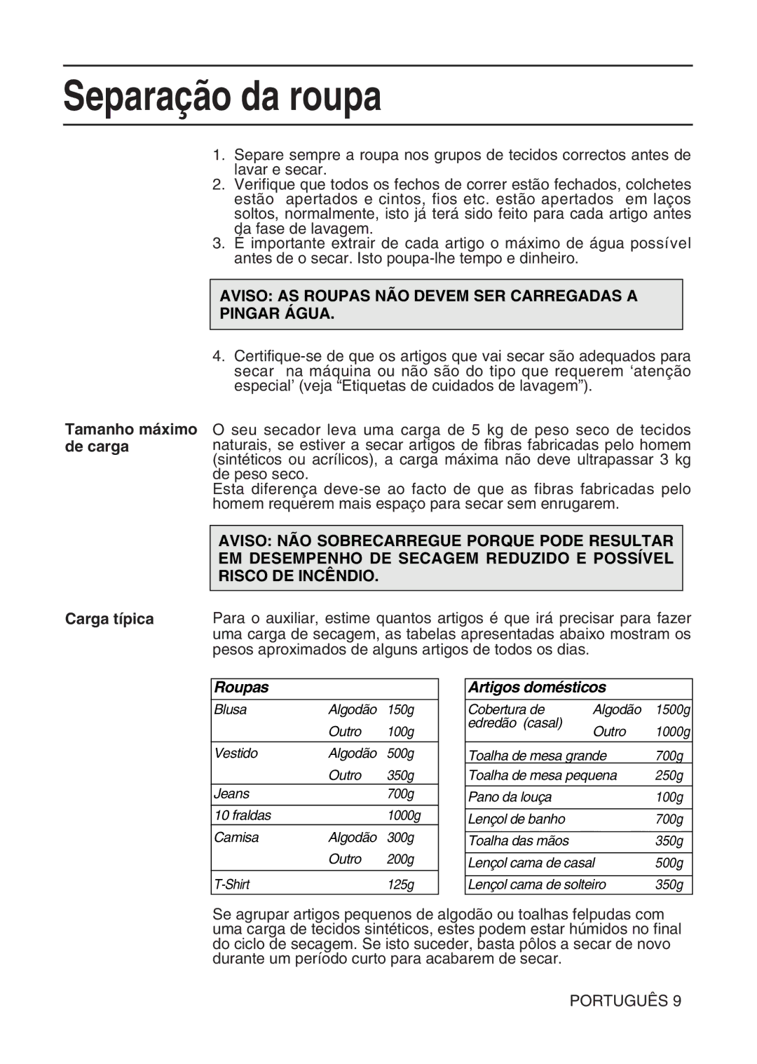 Hotpoint TL64 manual Separação da roupa, Aviso AS Roupas NÃO Devem SER Carregadas a Pingar Água 