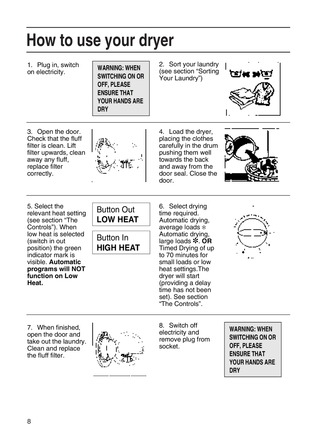 Hotpoint TL64 manual How to use your dryer, High Heat 