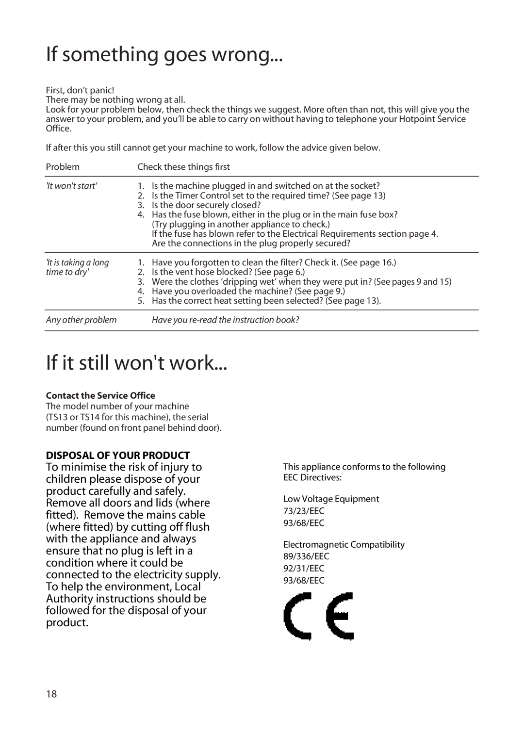 Hotpoint TS14, TS13 manual If something goes wrong, If it still wont work 