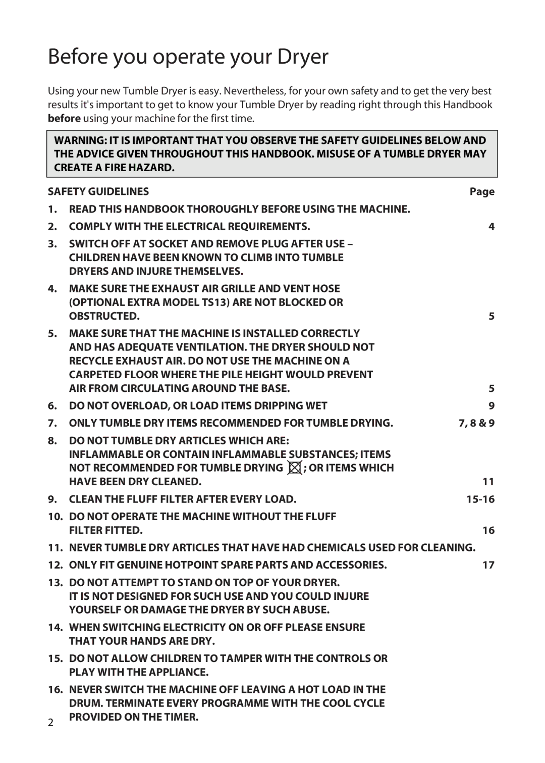 Hotpoint TS14, TS13 manual Before you operate your Dryer, 15-16 