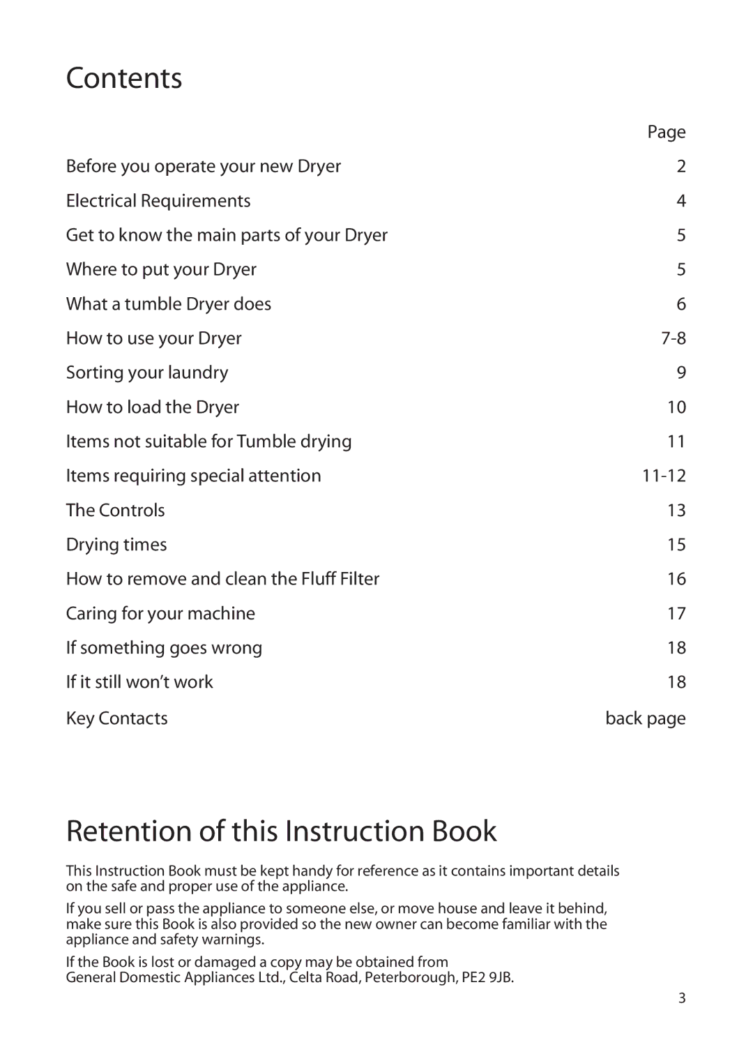 Hotpoint TS13, TS14 manual Contents, Retention of this Instruction Book 