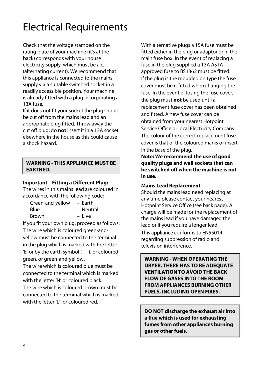 Hotpoint TS14, TS13 Electrical Requirements, Important Fitting a Different Plug, Green-and-yellow Earth Blue, Brown Live 