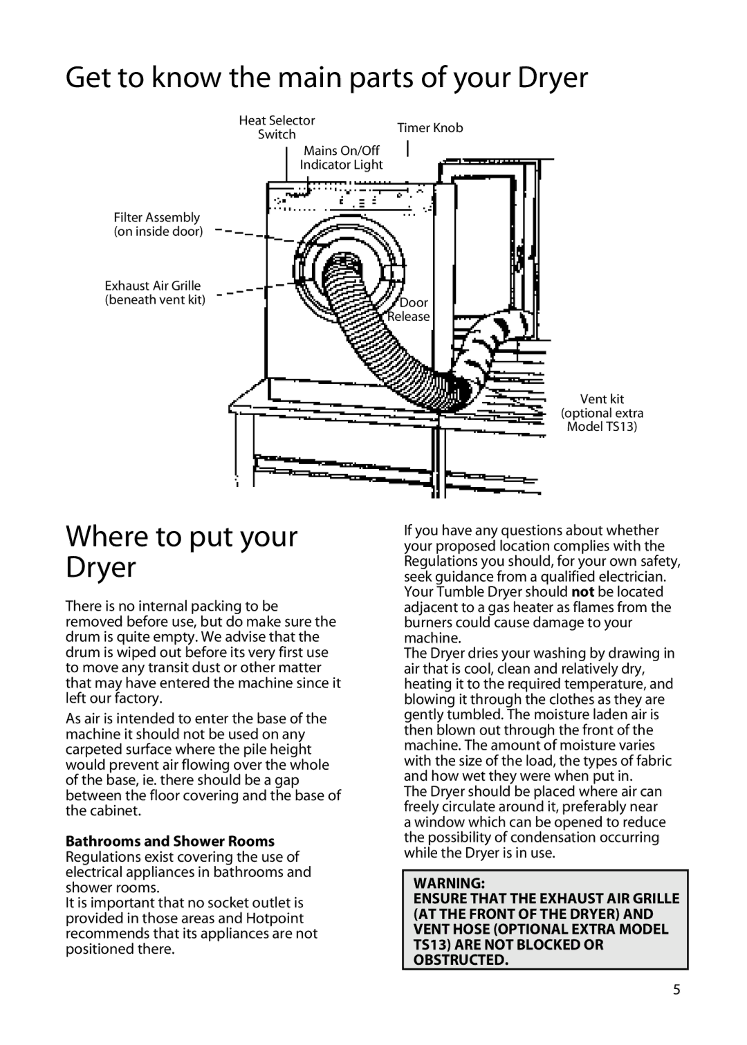 Hotpoint TS13, TS14 manual Get to know the main parts of your Dryer, Where to put your Dryer 