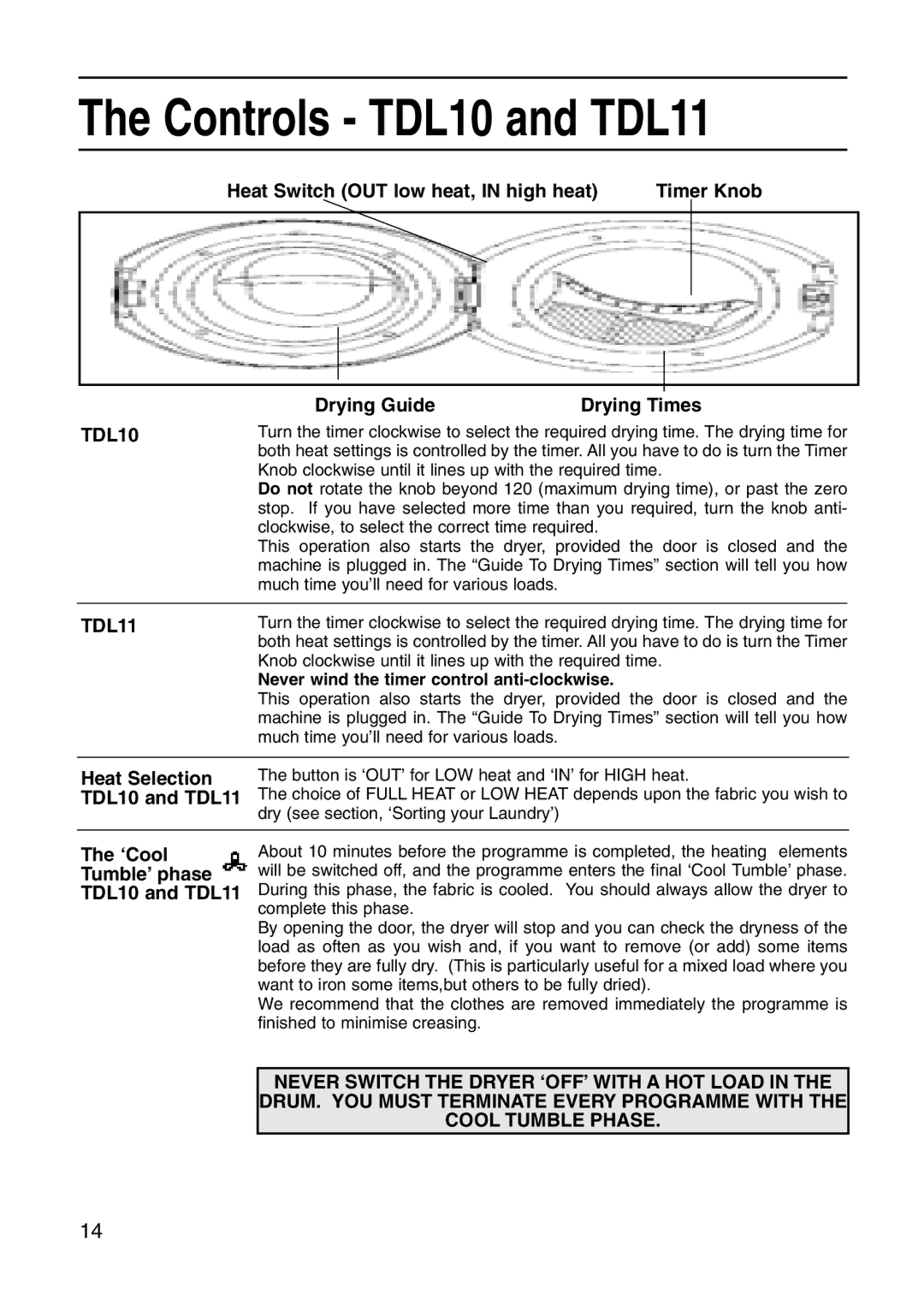 Hotpoint Tumble Dryer manual Controls TDL10 and TDL11 