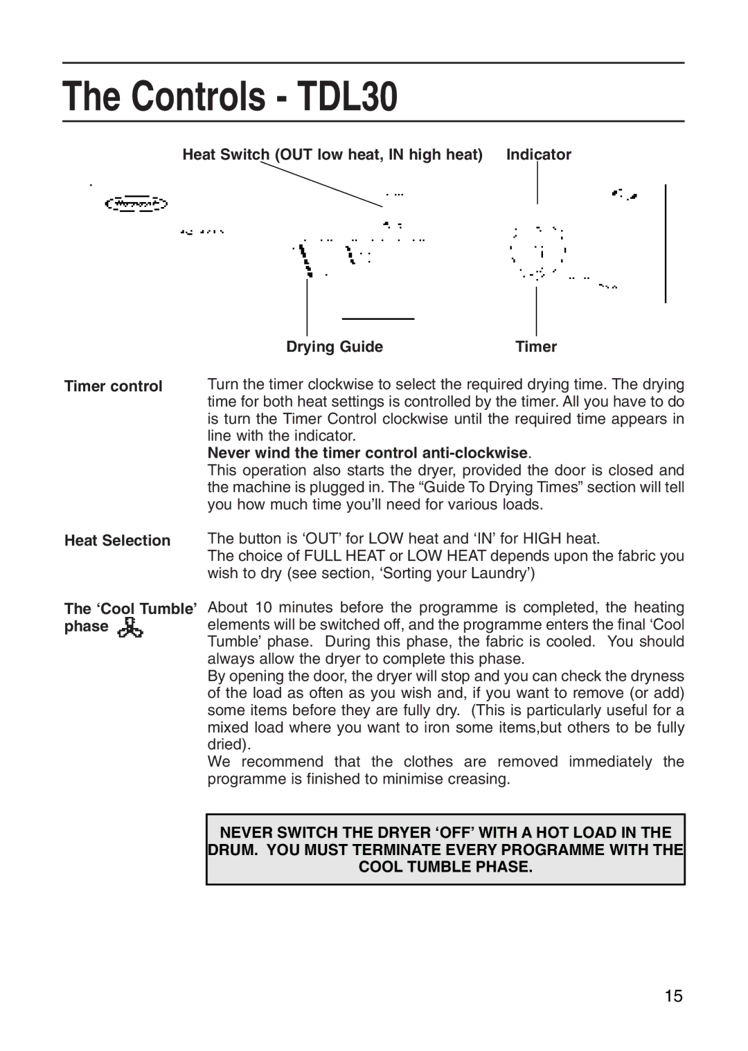 Hotpoint Tumble Dryer manual Controls TDL30, Never wind the timer control anti-clockwise, ‘Cool Tumble’ phase 