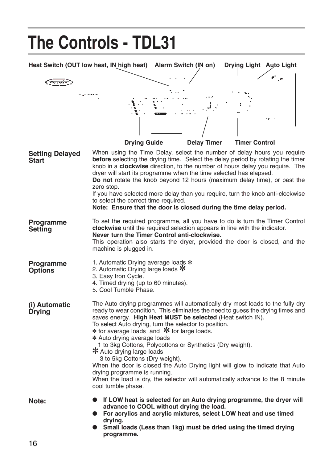 Hotpoint Tumble Dryer manual Controls TDL31, Setting Delayed Start Programme Options Automatic Drying 