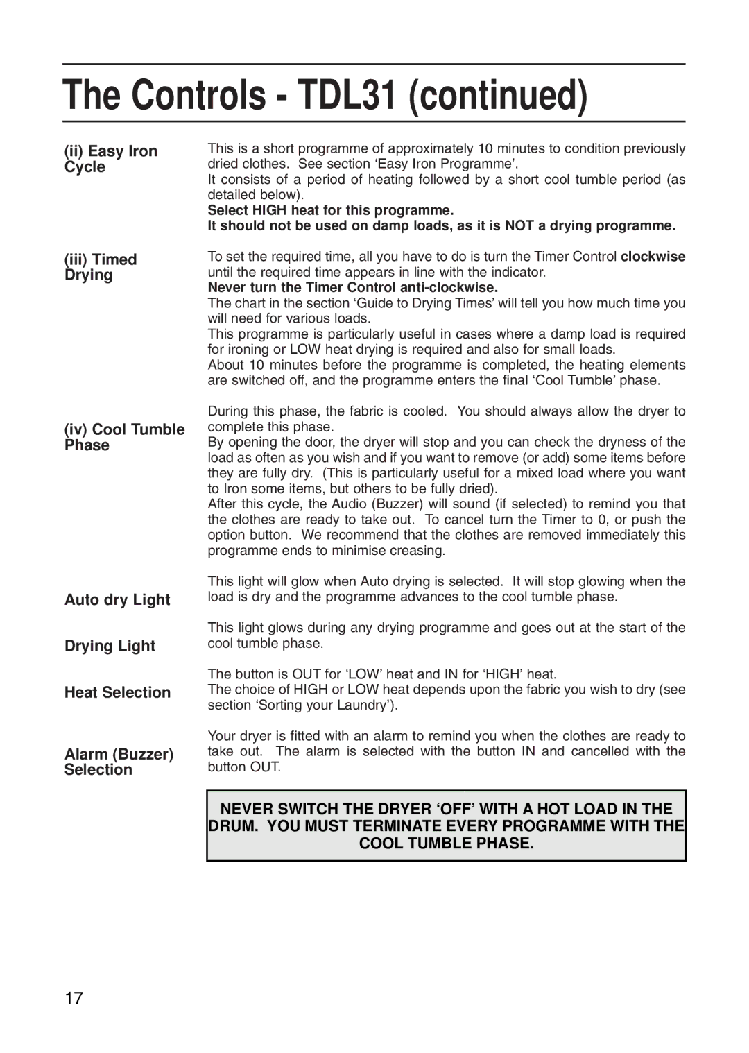 Hotpoint Tumble Dryer manual Controls TDL31 