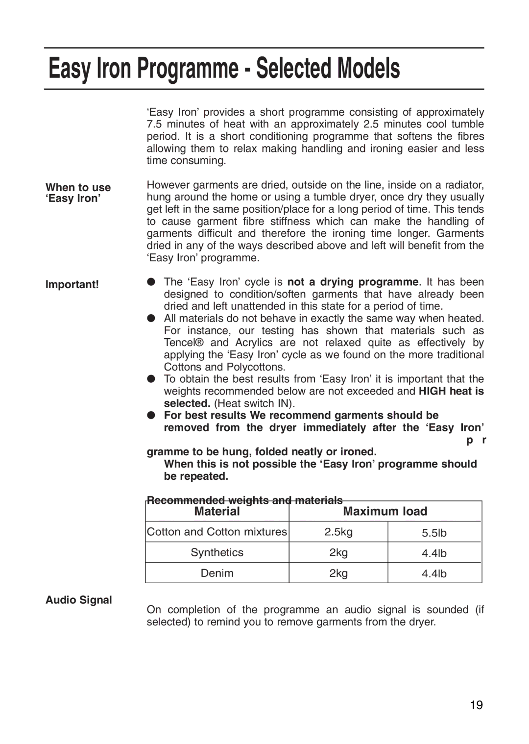 Hotpoint Tumble Dryer manual When to use ‘Easy Iron’ Audio Signal, Materials 