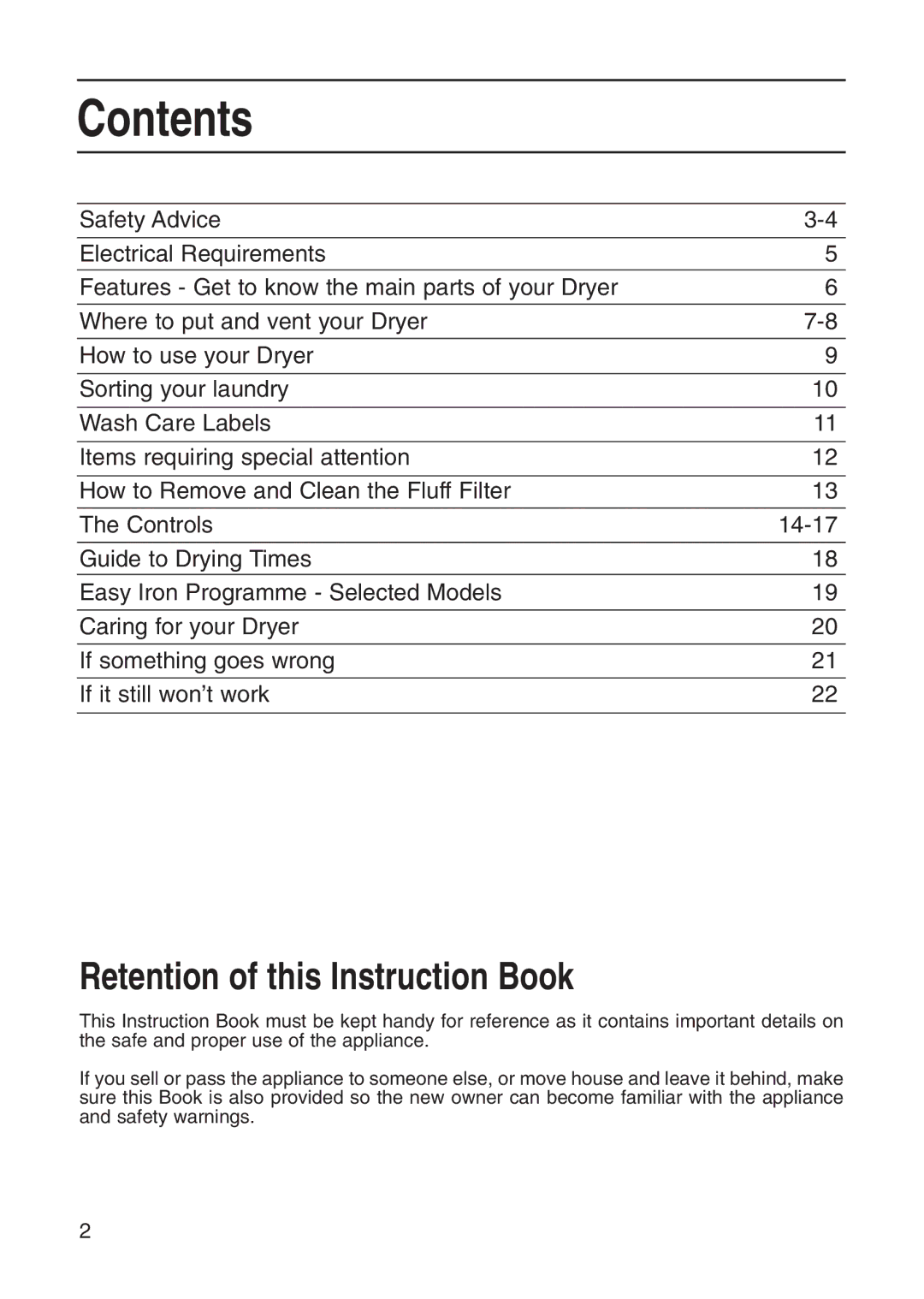 Hotpoint Tumble Dryer manual Contents 