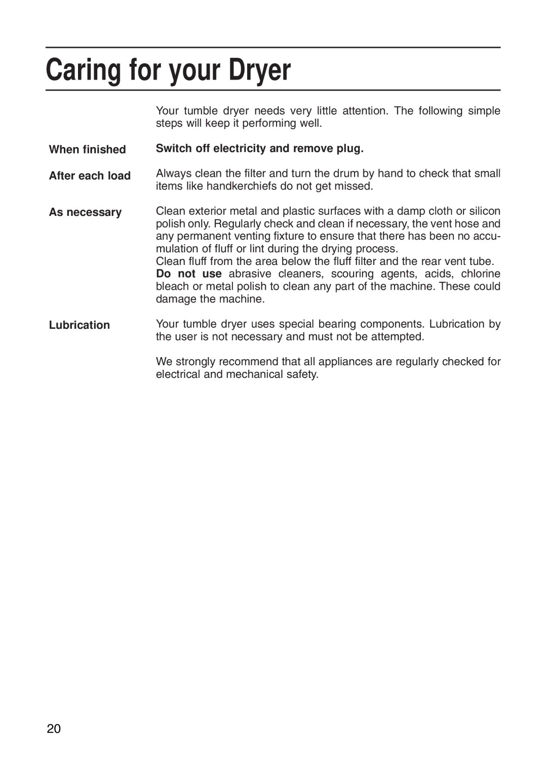 Hotpoint Tumble Dryer manual Caring for your Dryer, When finished After each load As necessary Lubrication 