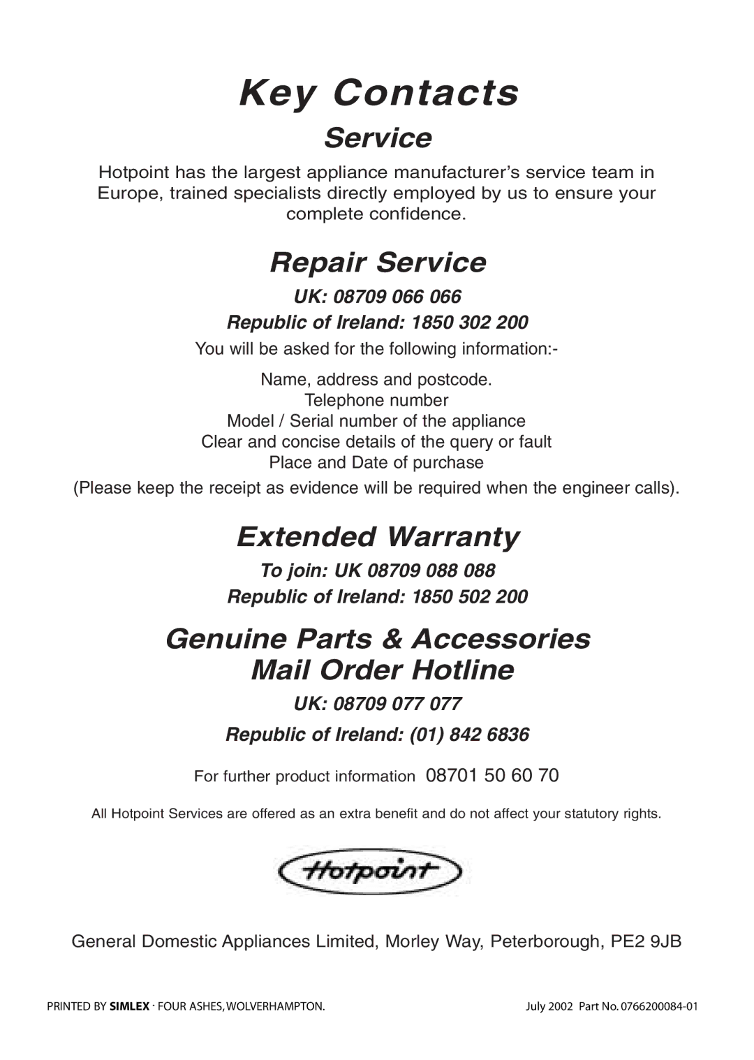 Hotpoint Tumble Dryer manual Key Contacts 