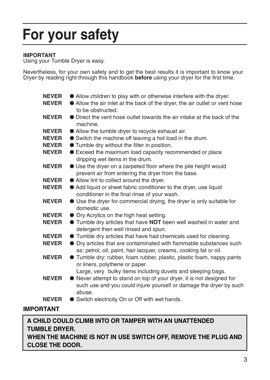 Hotpoint Tumble Dryer manual For your safety 