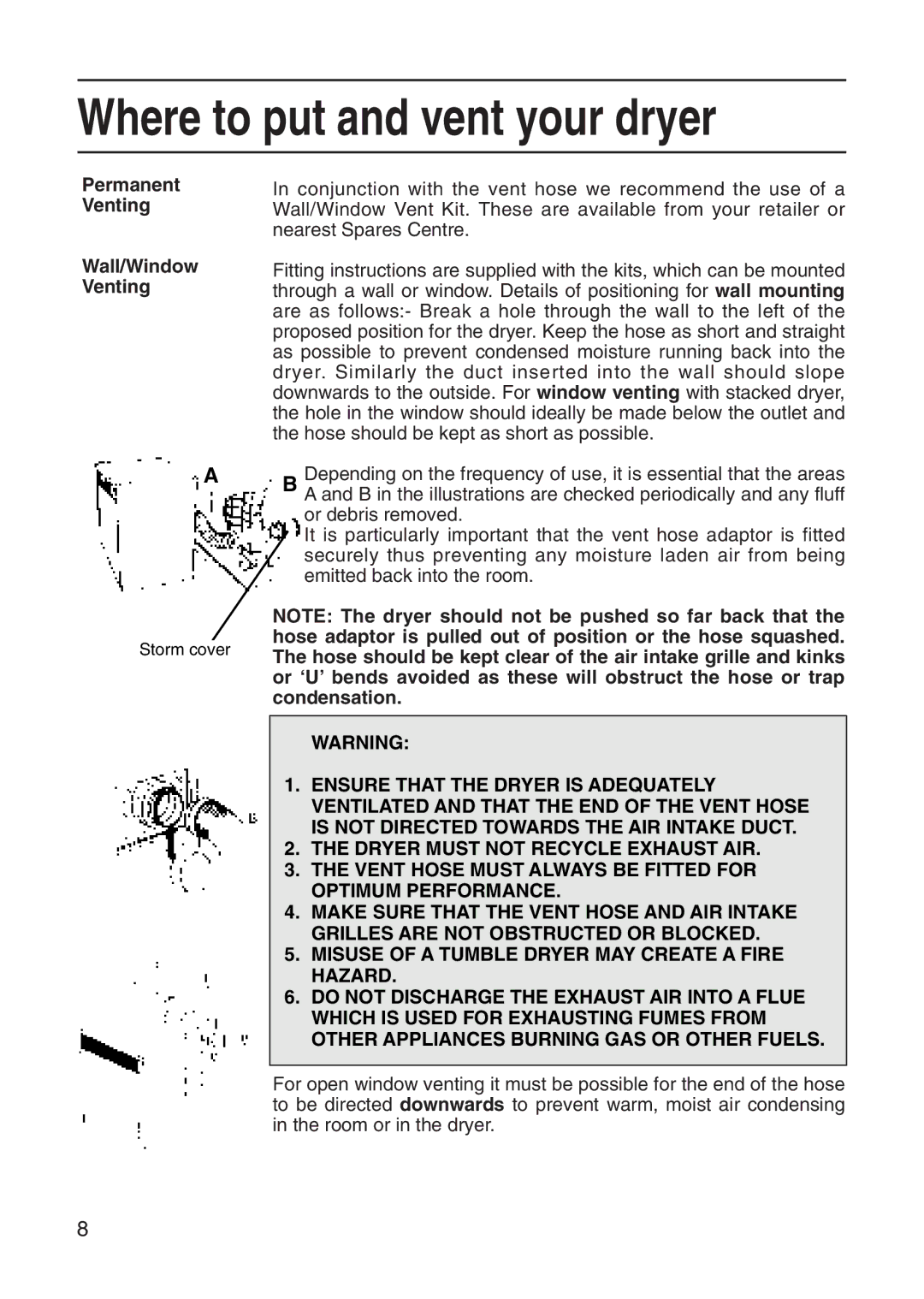 Hotpoint Tumble Dryer manual Permanent Venting Wall/Window Venting 