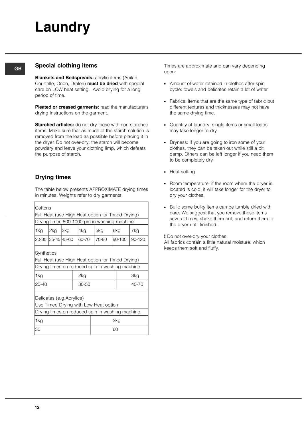 Hotpoint TVEL 75 manual Special clothing items, Drying times 