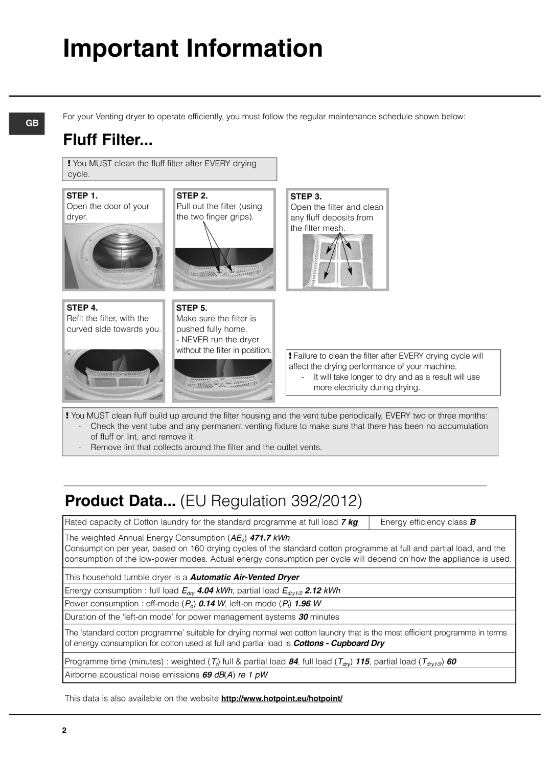 Hotpoint TVEL 75 manual Important Information, Fluff Filter 