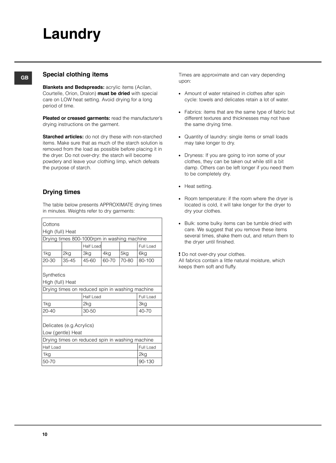 Hotpoint TVF760 manual Special clothing items, Drying times 