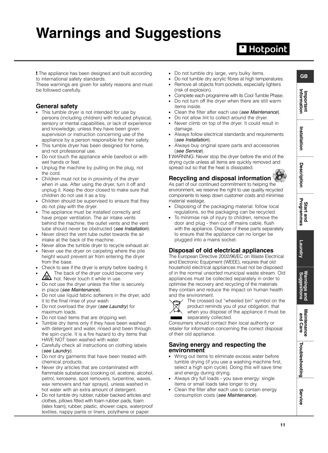 Hotpoint TVF760 manual General safety, Recycling and disposal information, Disposal of old electrical appliances 