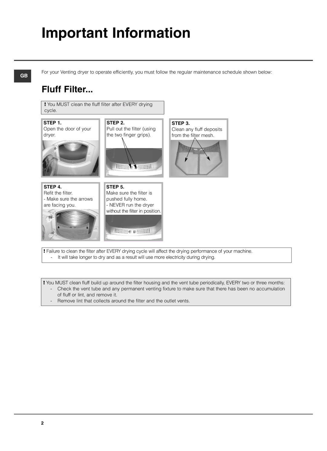 Hotpoint TVF760 manual Important Information, Fluff Filter 