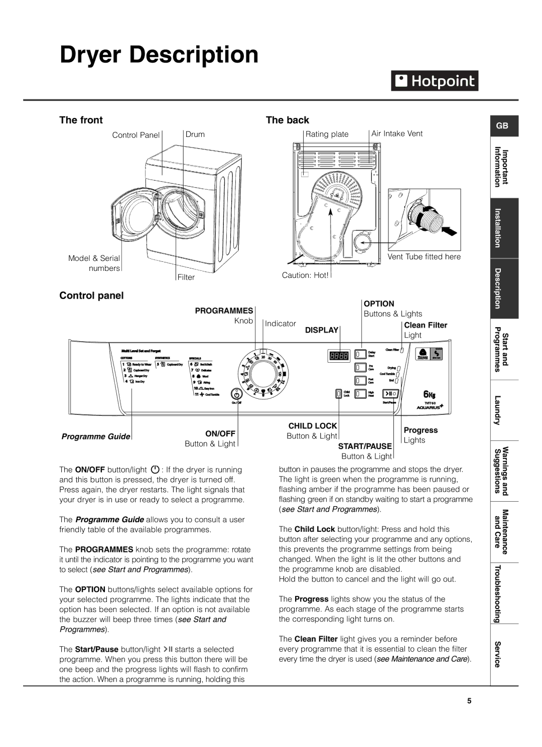 Hotpoint TVF760 manual Dryer Description, Front, Back, Control panel 