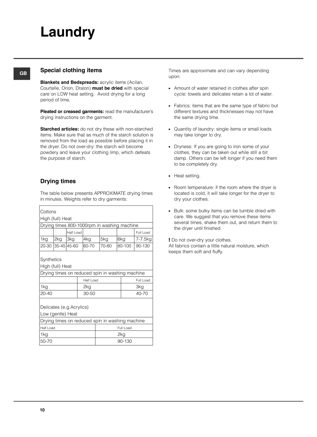 Hotpoint TVF770 manual Special clothing items, Drying times 