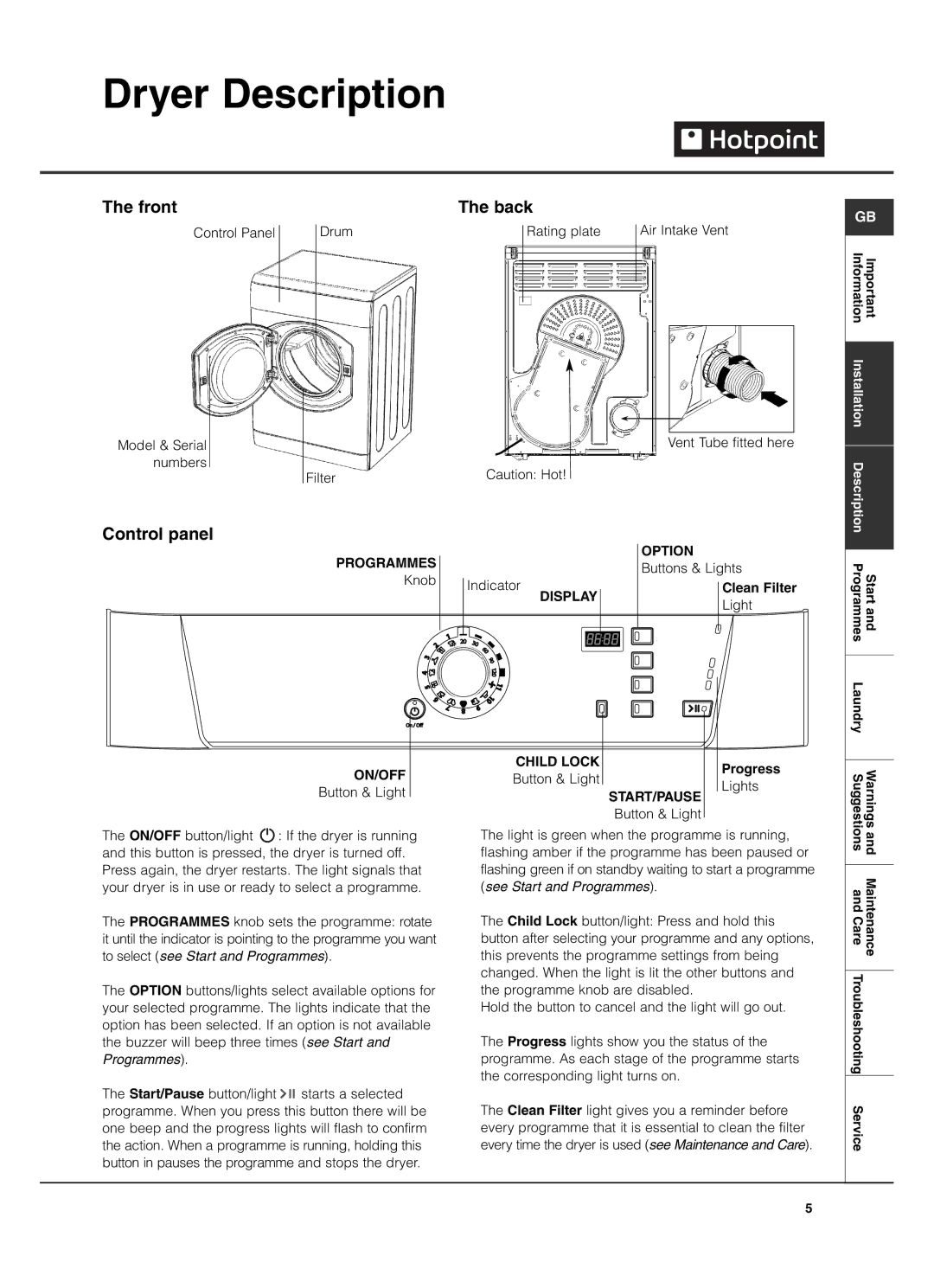 Hotpoint TVF770 manual Dryer Description, Front, Control panel, Back, Progress 