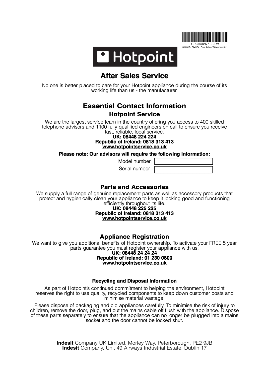 Hotpoint TVF770 manual After Sales Service, Hotpoint Service, Parts and Accessories, Appliance Registration 