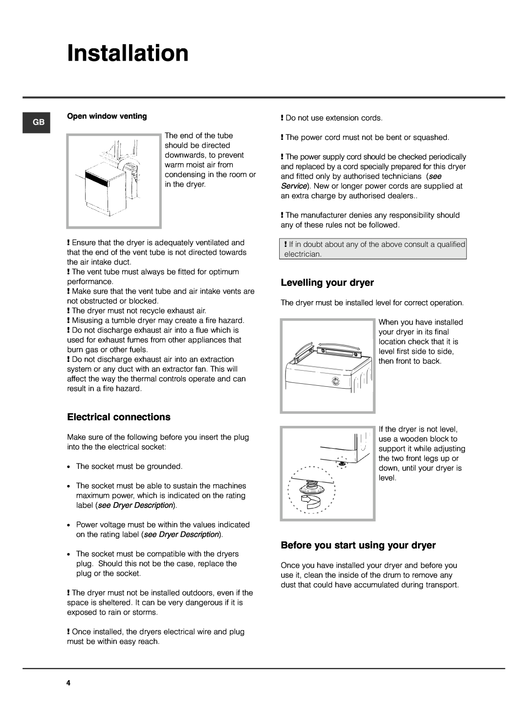 Hotpoint TVF770 manual Electrical connections, Levelling your dryer, Before you start using your dryer, Installation 
